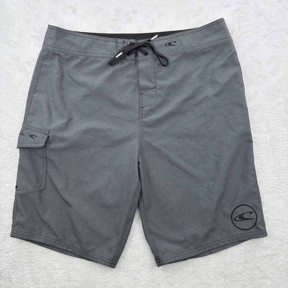 ONeill Mens Gray Beach Board Shorts Size 34x10 Cargo Pocket Swim Trunks Surf